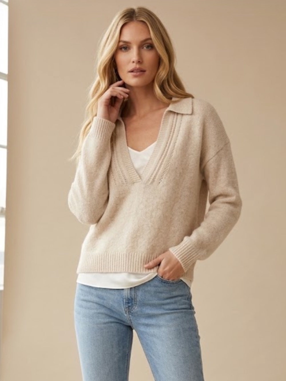 Sud express Collar Cozy Beige Knit Sweater